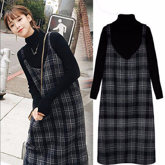 Suit Women Retro Plaid Suspender Skirt Sweater Long Over-the-knee Woolen Strap Dress Simple Retro Warm Sweater Dress