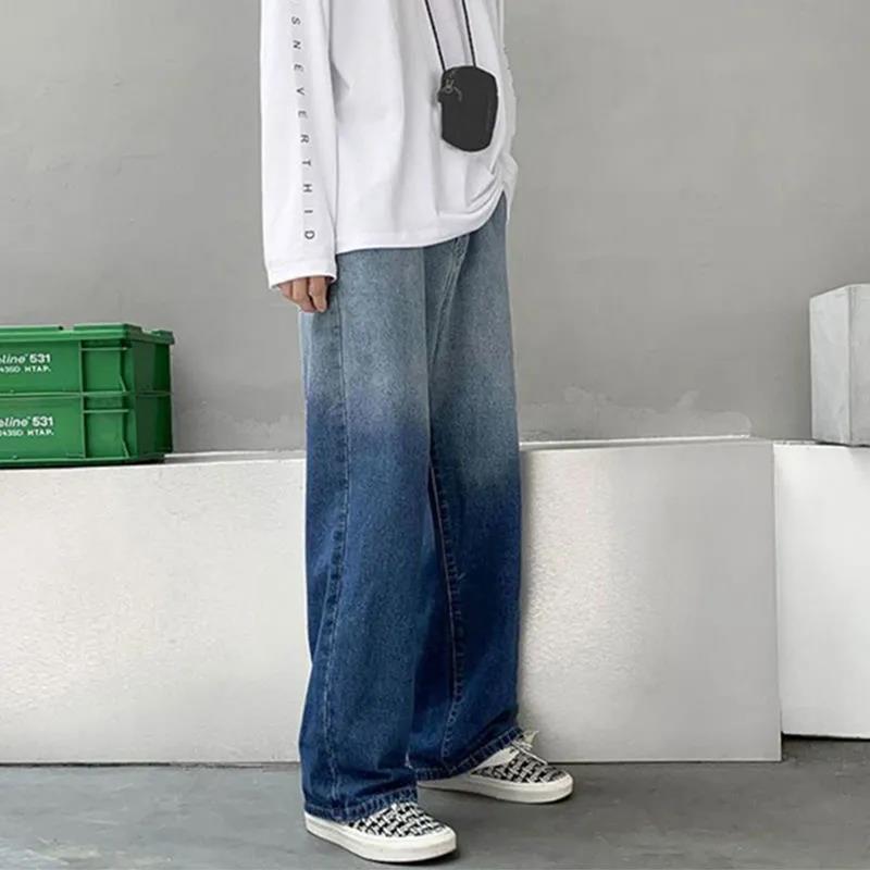 Chinese Version of Gradient Jeans Boys Autumn Trend Ins All-match Loose Wide-leg Casual Straight Long Pants Men and Women