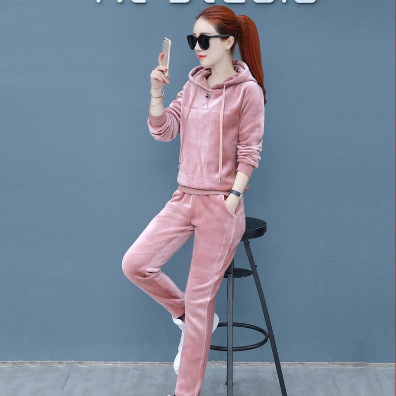 Sweatshirt Women's Casual Sports Suit Autumn and Winter Thickening Plus Fleece Two-piece Warm Hooded Sweater Two-piece Soft and Comfortable