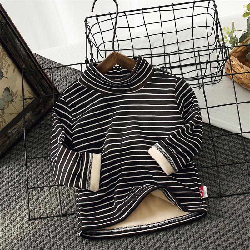 Children's Thermal Underwear Top Winter Turtleneck Bottoming Shirt Children's Clothing with Fleece Stripes