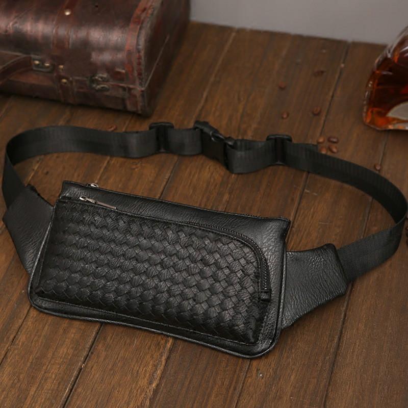 Casual Waist Bag Men Black Woven Chest Bag Mobile Phone Bag Outdoor Sports Shoulder Bag