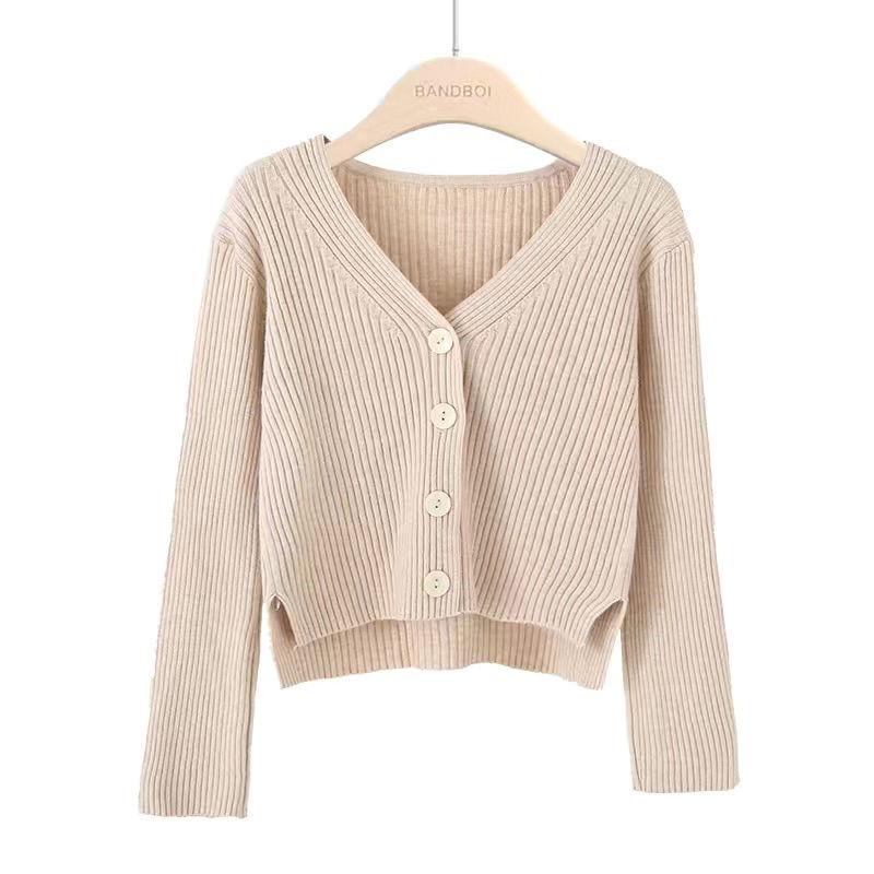 Autumn and Winter Short Style Loose Long-sleeved V-neck Sweater Knitted Cardigan Coat Shawl Solid Color Cropped Top Women