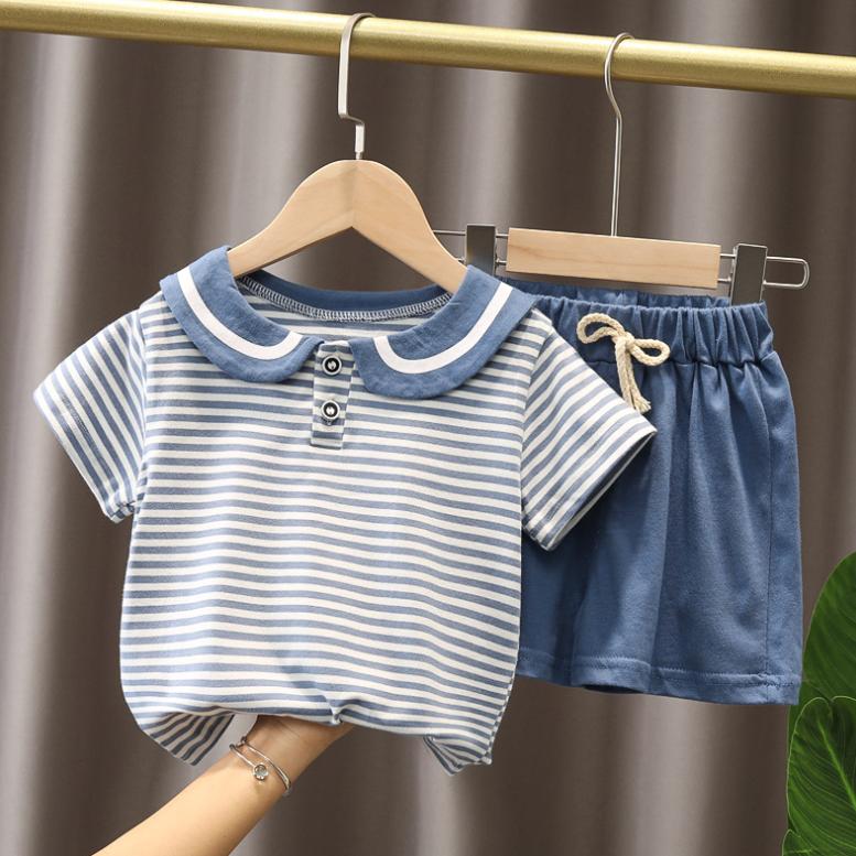 Summer Korean Short Sleeve Children's Suit Boys' and Girls' 0-4-year-old Turn-down Neck Striped T-shirt Shorts Two-piece Children's Suit