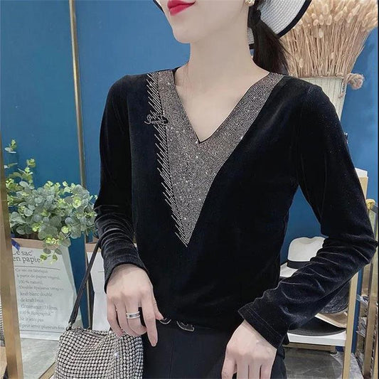 Spring Fall Women Sexy V-neck Gold Velvet top Elegant Blue Long Sleeve Wild Basic Shirts Vintage Casual Ladies Top Pullover