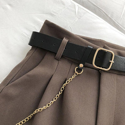 Women Shorts Spring Summer Large Size Solid Color Short Pants Office Lady Mid-waist Loose A-line Chain Shorts with Belt Suit Shorts