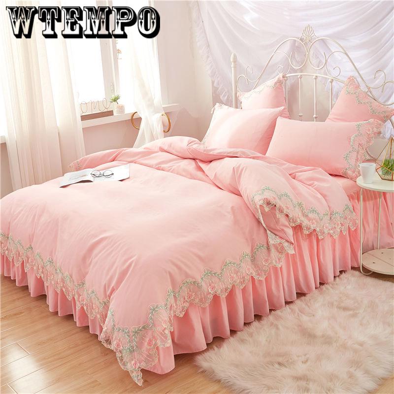 Bedding set bed skirt four sets of fashion lace quilt cover solid color princess wind skin cotton