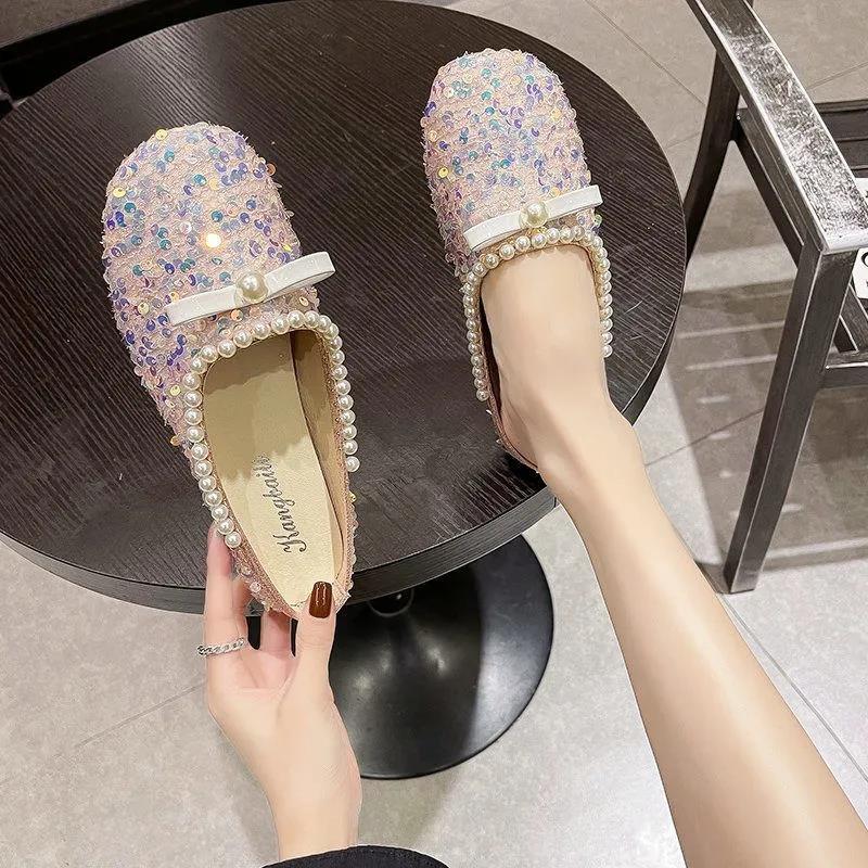 Sequined Baotou Half Slippers Women's Outer Wear Summer Shallow Mouth Women's Shoes Grandma Shoes Soft Sole Peas Shoes