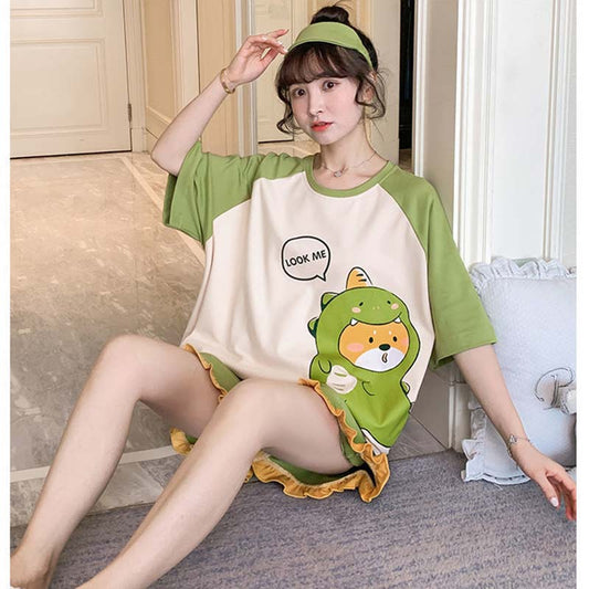 Women Cute Cartoon Pajamas Set Summer Short-sleeved T-shirt and Short Pants Print Outer Wear Homewear Ladies Sleeping Suit Casual Loose Pyjamas Set