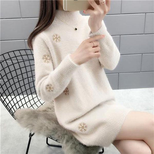 Autumn and Winter Mohair Sweater Thick Mid-length High Neck Bottoming Shirt Snowflake Pattern Dress