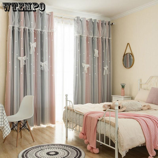 WTEMPO Princess Double Curtains Stars Living Room Ins Net Red Star Curtains All Blackout