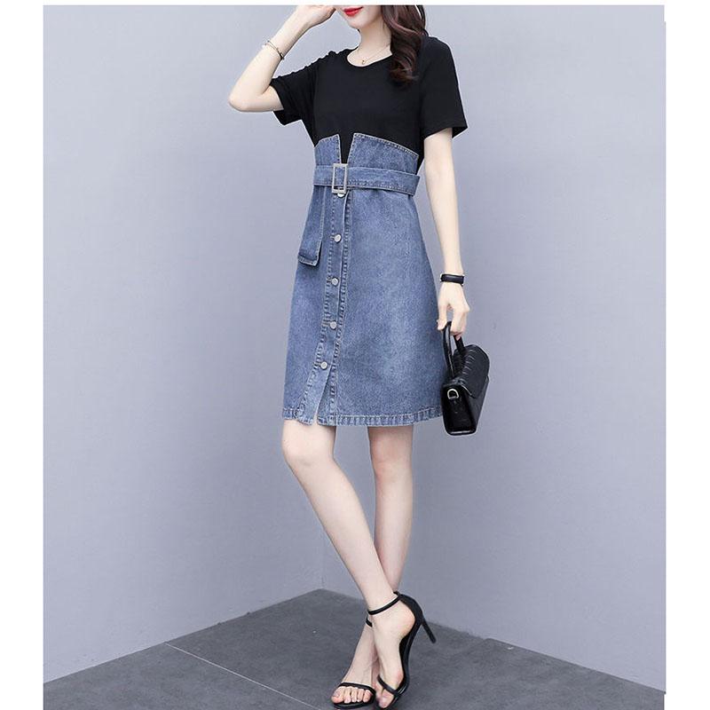 Plus Size Dress Summer Women Denim Stitching Dress Midi Short-sleeve Hooded Dress with Belt