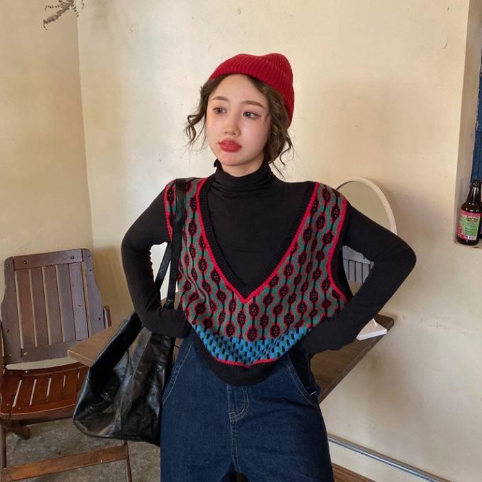 Vintage Casual Sleeveless V-Neck Knitted Sweaters Vest Female Loose Sweater Harajuku Pullover