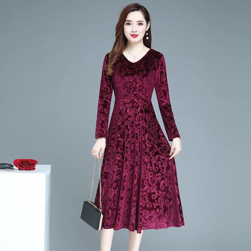 Autumn Plus Size Mid-length Dress Women's Gold Velvet Long-sleeved Large Swing Dress