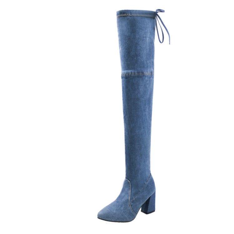 High Boots Female Pointed High-heeled Hole Denim Skinny Legs Over The Knee Boots Single Boots 35-42