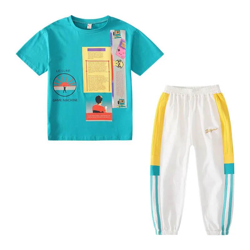 Girls Summer Leisure Suit Printed Short Sleeves + Pants Loose Comfortable Sweat-absorbent Children's Sports Two-piece Set