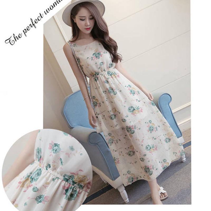 Fashion Bohemian Floral Print Dress Strap Long Beach Dress Sleeveless Summer Printed Midi Dress