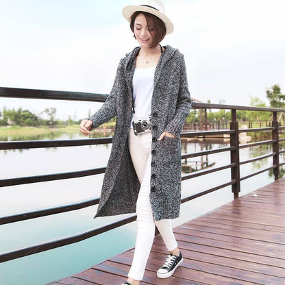 New knit cardigan women's hooded shirt in the long paragraph large size was thin thick sweater coat