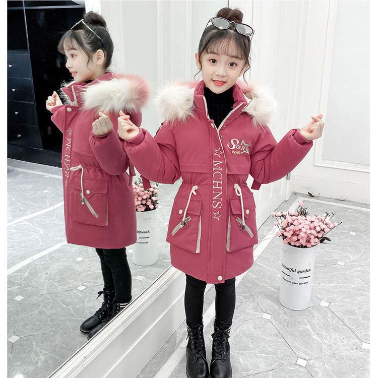 Girls' Warm Cotton Coat Thicken Coat Mid-length Cotton-padded Jacket with Color Fur Collar