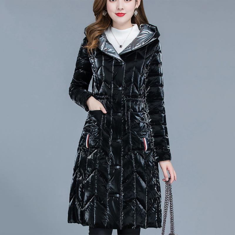 Women's Winter Korean Loose Quilted Coat Warm Down Jacket with Fur Collar Women's Glossy Mid-length Down Jacket