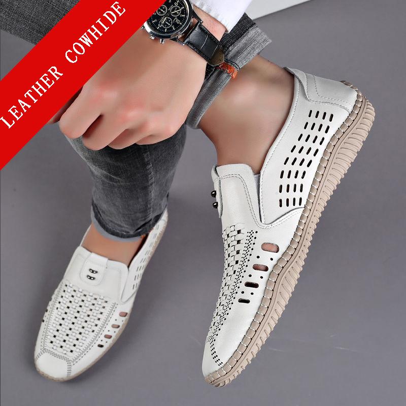 Leather Cowhide Hollow Leather Shoes Men's Summer Casual Shoes Breathable Soft Sole Outdoor Hole Shoes Men's Sandals