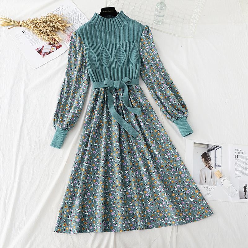 Autumn  Winter Corduroy Dress Women's Knitted Stitching Long-sleeved Long Floral Dress Sweet A-line Dress with Belt