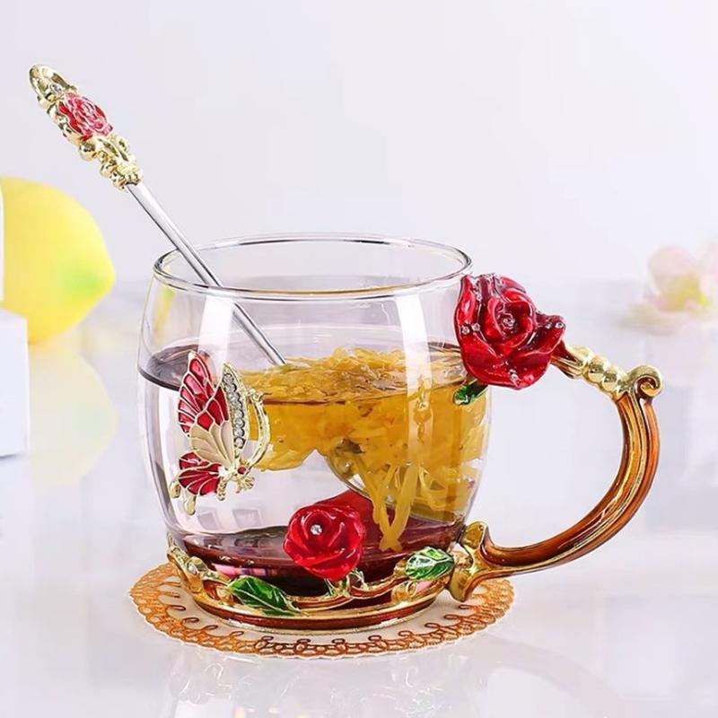 Exquisite 3D Coffee Tea Glass Enamel Cups Butterfly Rose Tea Cup Carved Flower Cup