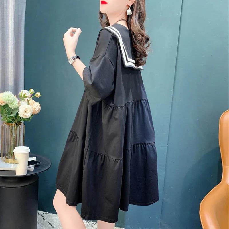 Women's Loose Summer Dress Round Neck Short-sleeved Large Skirt Dress Sailor Suit Dress Sweet and Cute Cotton Fabric Absorbent and Breathable