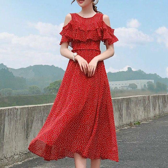 Pofulove Women Red Polka Dot Chiffon Dress Slim Long Strapless Dress Below The Knee Thin Dresses