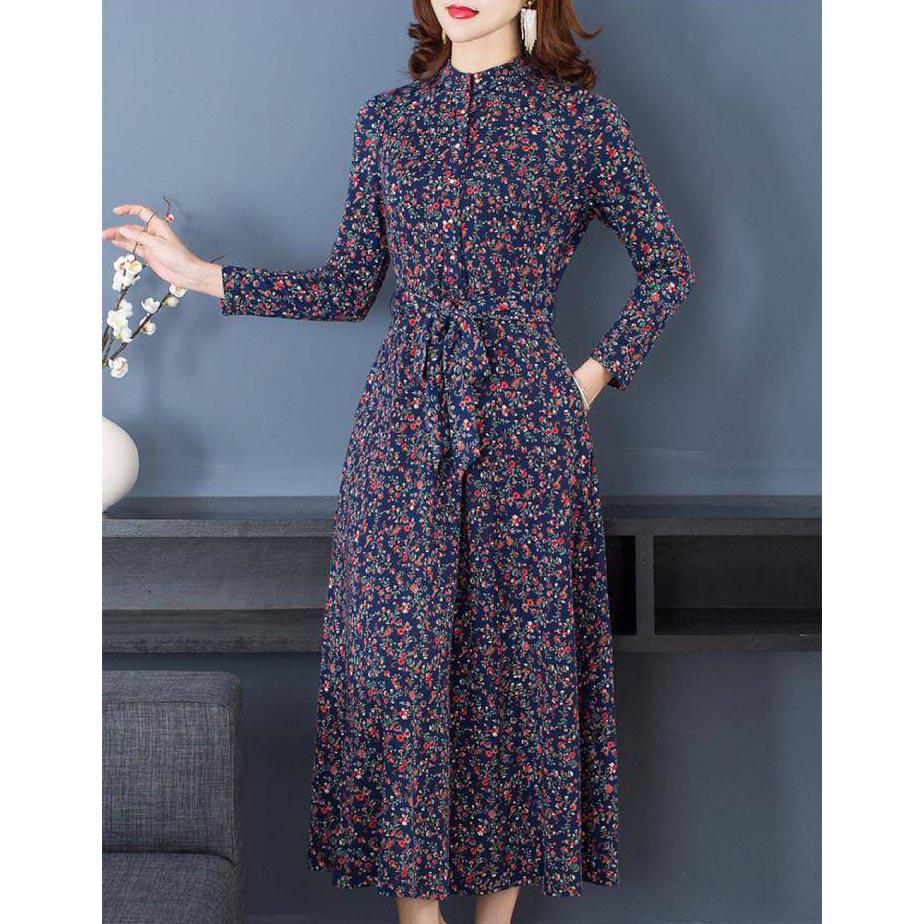 Slim fit long skirt floral skirt knitted dress women autumn and winter stand collar long sleeves