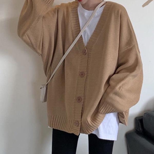 Teen Jacket Female Slim Loose All-match Button Knit Cardigan Jacket Female Solid Color Loose V-neck Sweater