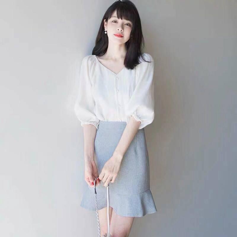 Pofulove Summer Skirt Suit Half-sleeve Shirt Mermaid Skirt Two-piece Women Skirt Set Ruffled Skirt