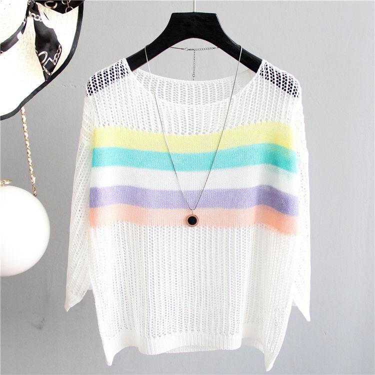 Striped Pullover Sweater Spring Korean Version Hollow Blouse Female Contrast Color Loose Five-point Sleeve Bottoming Shirt Breathable Cool Top