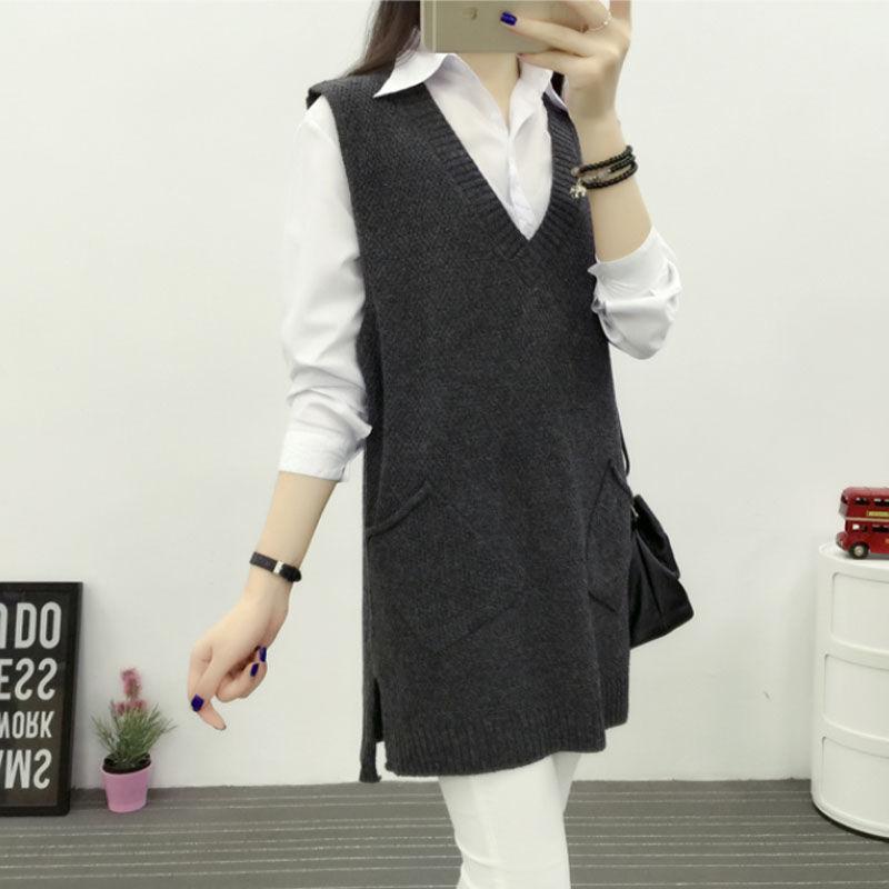 Autumn and Winter Mid-length Knitted Vest Women Loose Hedging V-neck Vest Thickened Large Size Waistcoat