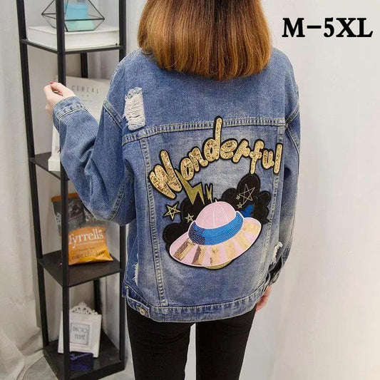 Plus Size 200 Jin Women's Spring and Autumn Style Fat Women Loose Western Style Denim Jacket Top