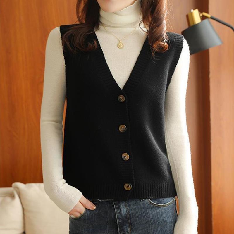 Ladies Spring and Autumn Knitted Loose Solid Color Vest Vest Cardigan All-match Sleeveless Outer Wear Waistcoat