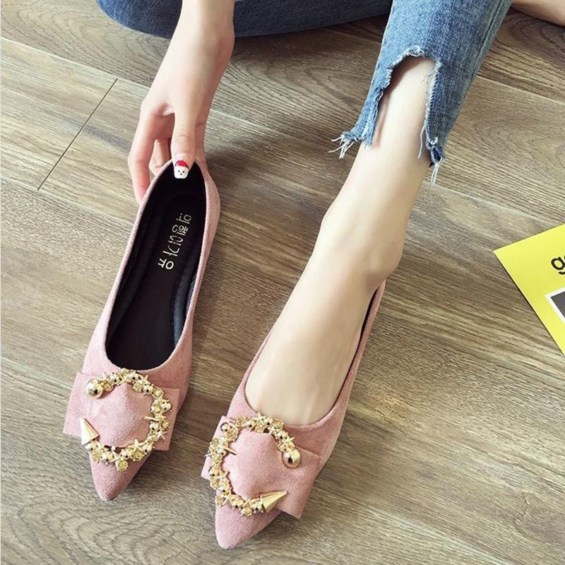 Single Shoes Women's Shallow Mouth Pointed Toe Flat Shoes Women's Soft-soled Lazy Women's Shoes Metal Decorative Flat-bottom Women's Shoes