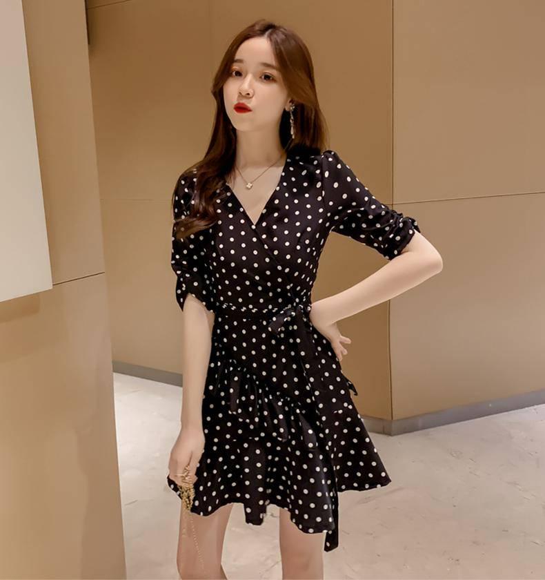 Polka Dot Sexy Party Dresses with Ruffle Women Chiffon Long Sleeve Mini Dress Ladies Vintage Clothes