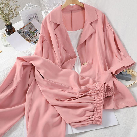 Suit Women Summer Loose Suit Collar Three-quarter Sleeve Jacket Nine-point Wide-leg Pants Suspenders Three-piece Casual Suit Work Overalls