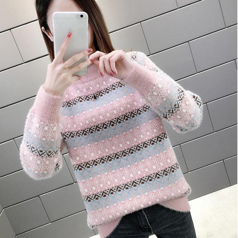 Color Thick Striped Sweater Autumn and Winter Loose Pullover Half High Neck Knitted Young Women's Top