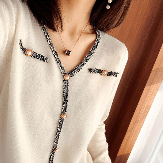 Women's Spring and Autumn Solid Color V-neck Woolen Stitching Sweater Versatile Pearl Decoration Casual Long Sleeve Tops