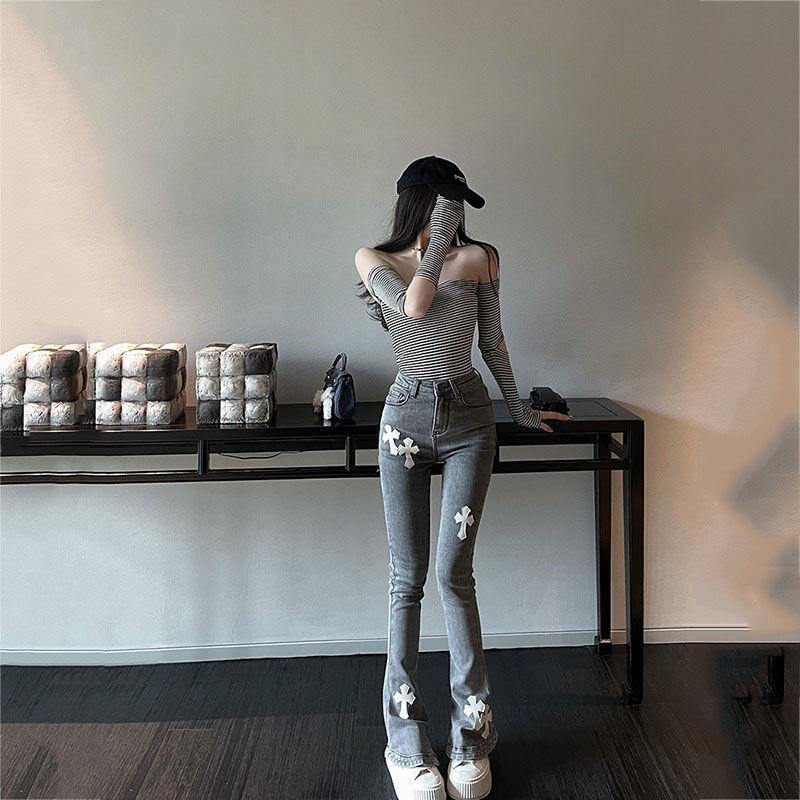 Large Size Autumn and Winter Horseshoe Pants Smoke Gray Cloth Cross Jeans Female Fashion Trend