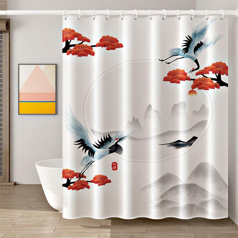 Bathroom Waterproof and Mildew-proof Chinese Shower Curtain Thickened Bathroom Shower Curtain Partition Curtain Door Curtain Free of Perforation