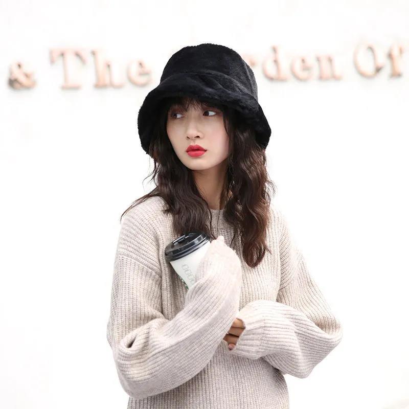 Winter Women's Imitation Rabbit Fur Basin Hat Korean Fashion Tie-dye Fisherman Hat Thick Warm Plush Hat