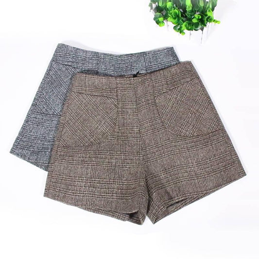 Shorts Women Classic Plaid High Waist Wide Leg Shorts with Belt Wool Boots Shorts