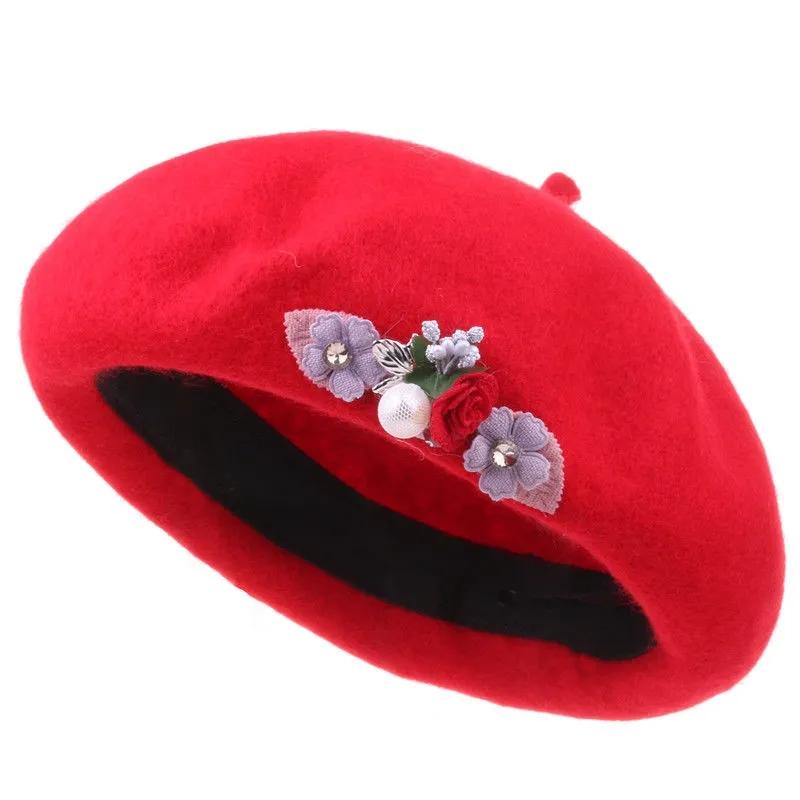 Retro Flower Beret Women's Elegant Wool Blend Artist Painter Hat Autumn Winter Beret Adjustable All Match Top Hat