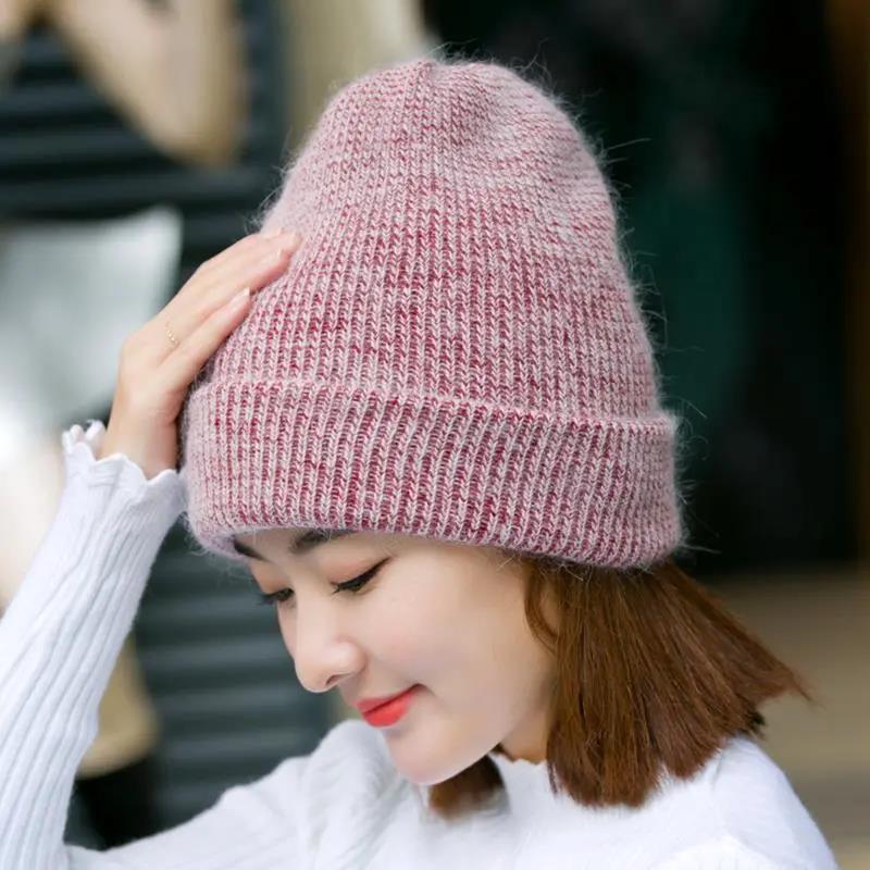 Women Winter Thicken Warm Faux Rabbit Fur Elastic Knitting Hat Beautiful Beanies Cap