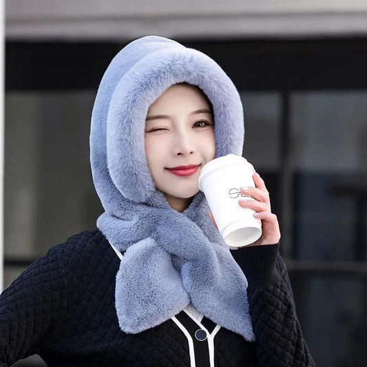 Women Plus Velvet Hat Rabbit Scarf Bow Set One Piece Fake Collar Winter Windproof Hooded Cold-proof Plush Padded Collar Warm Ear Protection Caps