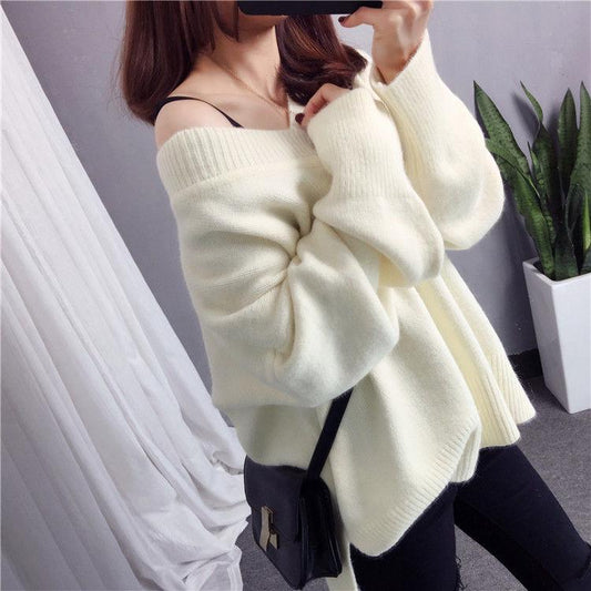 Women Casual V-Neck Long Sleeve Solid Loose Knitwear Pullover Sweater