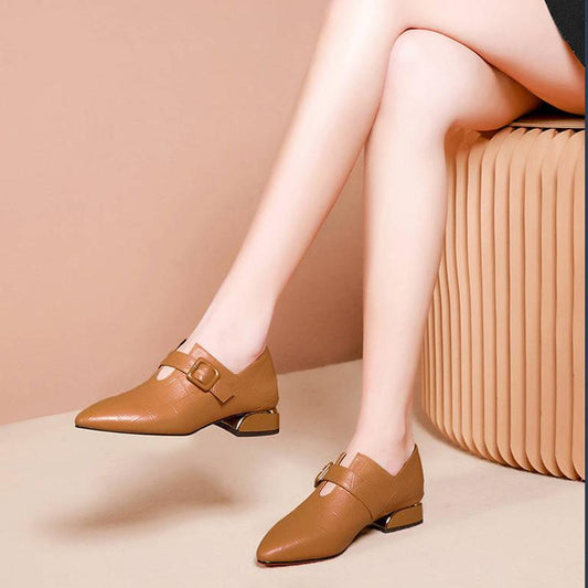 Oxford Shoes Women's Pointed Toe Mid-high Heel Thick Heel Leather Shoes Adult Synthetic Leather Women's Shoes Retro British Style Ladies Leather Shoes