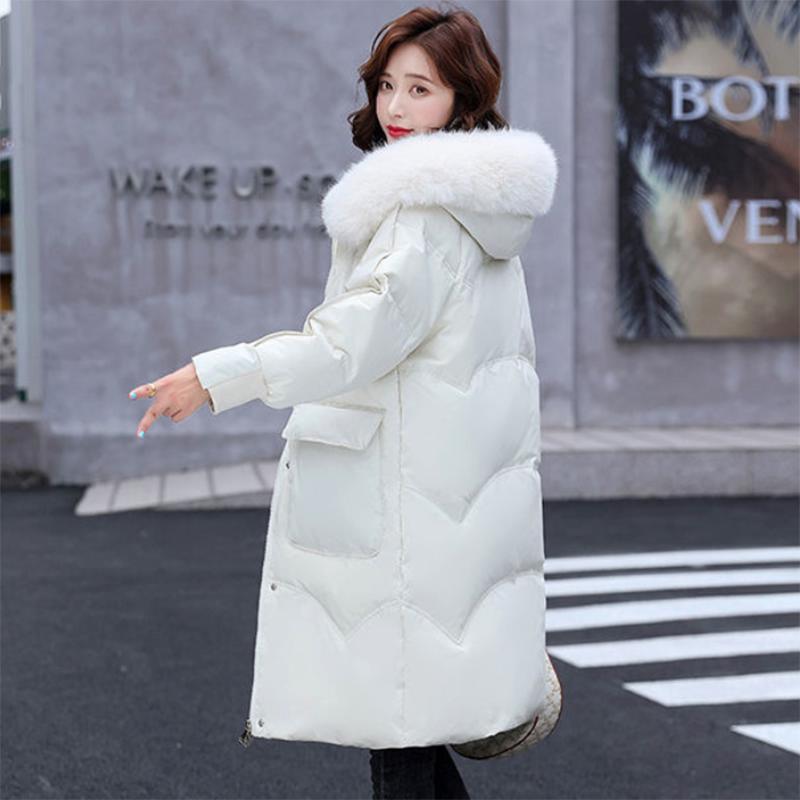 Women's Shiny Down Padded Jacket Mid-length Korean Style Loose Padded Jacket Warm Cotton Coat Big Fur Collar Winter Clothes